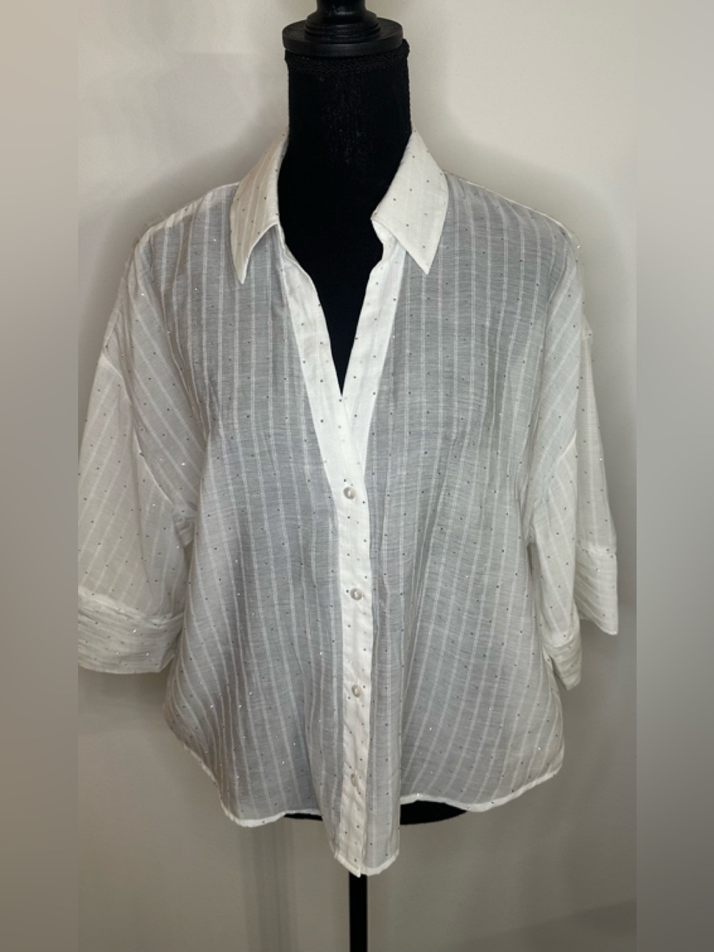 Modern Works White Sheer Pinstripe Metallic Sparkle Button-Up Blouse - Size L
